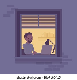 Window at night, young man working at computer behind. Guy works late hours from home during lockdown, night worker in the office. Vector flat style cartoon illustration, evening time house