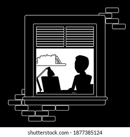 Window at night, young man working at computer behind. Guy works late hours from home during lockdown, night worker in the office. Vector illustration, black and white ink pen line art drawing