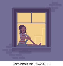Window at night with young woman behind, sitting at windowsill. Lonely girl watching to the street, smiling and dreaming, waiting for friend. Vector flat style cartoon illustration, evening time house