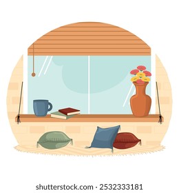 Window nook with cushions, books, and flowers, Vector