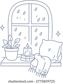 A window nook featuring a plant, a lit candle on books, a pillow, and a scarf, with rain outside the arched window and small sparkles suggesting