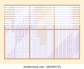 Window in office or home, modern window with jalousie, city buildings at background outside, view from indoors at street, daytime, high-raise modern architecture, urban construction, flat style