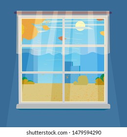 Window on blue wall with view on the autumn city landscape with tree and fall of the leaves. Vector illustration.