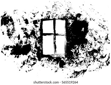 Window on wall - hand made creative brush strokes isolated on white background, grunge or rough sketch