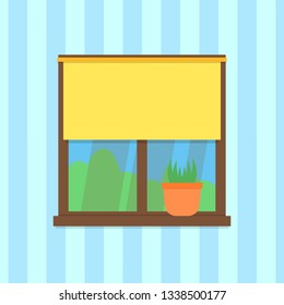 Window on the wall with plant. Vector illustration in flat style. 