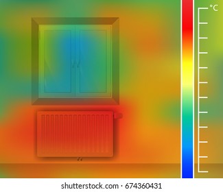 Window on the wall in the room vector illustration. Steel panel radiator for a thermal imager. Colored thermographic image of the scan camera. The infrared temperature distribution in the building.