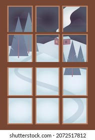 Window on white. Vector nature landscape. Snow Christmas background. Winter background night sky. Looking through the window