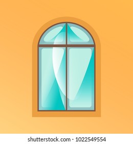 Window on yellow background. Ancient wooden window with highlights in cartoon style