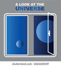Window open, cover title: a look at the universe. vector design