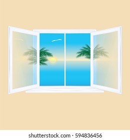 Window open inside glass transparent behind the window landscape sunrise sea palm tree gull reflection in glass isolated on white background art creative vector element for design