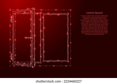 Window and open sash part, from futuristic polygonal red lines and glowing stars for banner, poster, greeting card. Low poly concept. Vector illustration.

