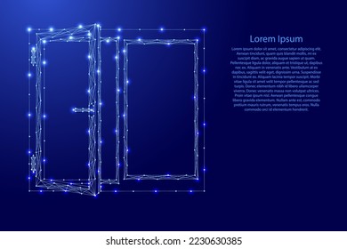 Window and open sash part, from futuristic polygonal blue lines and glowing stars for banner, poster, greeting card. Low poly concept. Vector illustration.

