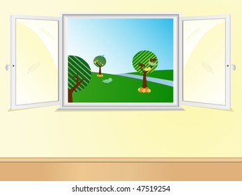 Window open showing beautiful landscape. Editable Vector Image