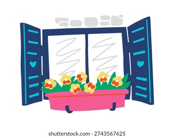 Window with open shutter and flower box in a hand drawn doodle look. Home decor scene with blooming plant and cozy vibe. Vector illustration