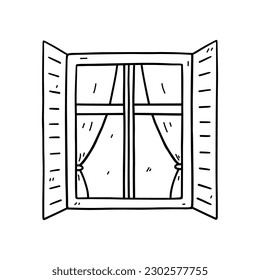 Window with open shutters isolated on white background. Vector hand-drawn doodle illustration. Perfect for decorations, logo, various designs.