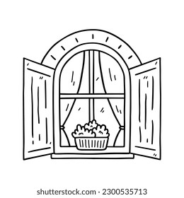 Window with open shutters and plants isolated on white background. Vector hand-drawn doodle illustration. Perfect for decorations, logo, various designs.