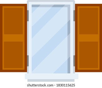 Window with open wooden sashes. Glass and white frame. Element of facade of house and building. Cartoon flat illustration