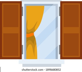 Window with open wooden sashes. Glass and white frame with orange curtain. Element of facade of house and building.