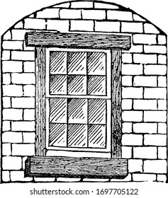 Window is an opening in the wall of a building, wooden or lead glazing bars or muntins, arranged in a decorative glazing pattern, vintage line drawing or engraving illustration