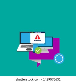 Window operating system error warning pop up concept. flat design.warning popup with pc.