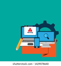 Window operating system error warning pop up concept. flat design.warning popup with pc.