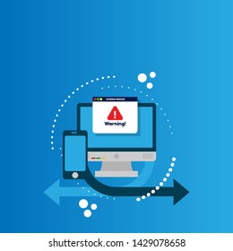 Window operating system error warning pop up concept. flat design.warning popup with pc.