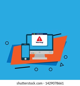Window operating system error warning pop up concept. flat design.warning popup with pc.