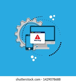 Window operating system error warning pop up concept. flat design.warning popup with pc.