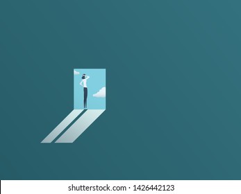 Window of opportunity in business career for woman, vector concept. Symbol of new challenge, beginning, motivation and ambition at job. Eps10 illustration.