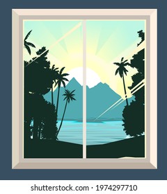 The window is ordinary. With fragments of the wall. The view from the room to the silhouettes of the rainforest, palms, lake or sea, mountains. Cartoon flat style. Vector.