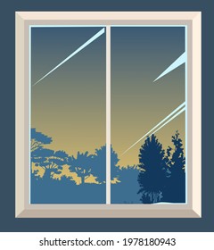 The window is ordinary. With fragments of the wall. View from the room to the silhouettes of the evening rainforest. Cartoon flat style. Vector.
