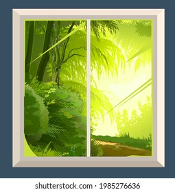 The window is ordinary. With fragments of the wall. The view from the room to a light green garden or forest. Cartoon flat style. Vector.