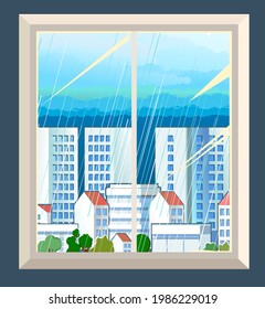 The window is ordinary. With fragments of the wall. View from the room to the city with clouds and rain. Cartoon flat style. Vector.