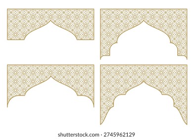 Window ornaments with Arabic motifs or patterns, silhouette elements, Ramadan design decorative frames, Islamic symbols or backgrounds