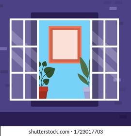 window from outside with view into the blue house design, home and architecture theme vector illustration