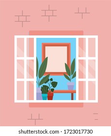 window from outside with view into the pink house design, home and architecture theme vector illustration