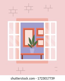 window from outside with view into the pink house design, home and architecture theme vector illustration