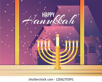 Window outside view with traditional candelabrum for Happy Hanukkah celebration.
