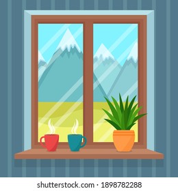 Window overlooking the beautiful landscape with mountains, vector illustration
