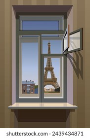 Ventana con vistas a la Torre Eiffel. Vector.