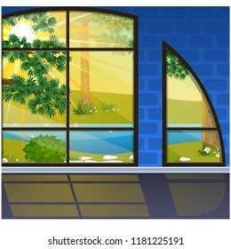 The window overlooking the forest at sunrise in summer. Interior design luxury country house. A lovely day. Vector close-up cartoon illustration.