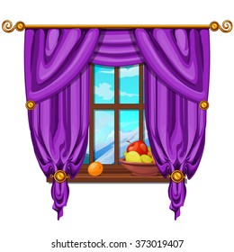The window overlooking the mountains. Interior design. Vector.