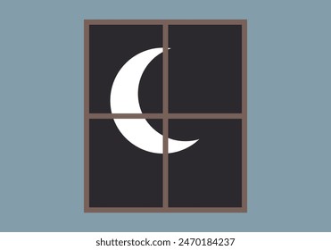 Window overlooking the night sky with a moon.