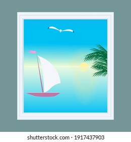 Window overlooking the sea, palm tree, sailboat - vector.