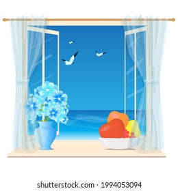 Window overlooking the sea with sheer curtains. Colorful vector illustration.
