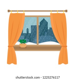 Window overlooking the snow in the night city. Winter window. Flat cartoon illustration.