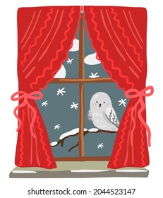 Ventana con vistas al invierno de nieve, búho en rama. Dibujo de dibujos animados de color de un hogar acogedor. Ilustración vectorial dibujada a mano. Un solo clipart aislado en blanco. Para el diseño navideño, impresión, pegatina, tarjeta, decoración