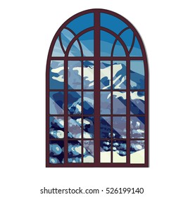 The window overlooking the snow-capped mountains in winter isolated on white background. Interior design luxury country house. Vector illustration.