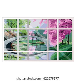The window overlooking the sunny meadow of green grass in spring isolated on white background. Interior design luxury country house. A lovely day. Vector close-up cartoon illustration.
