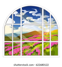 The window overlooking the sunny meadow of green grass in spring isolated on white background. Interior design luxury country house. A lovely day. Vector close-up cartoon illustration.
